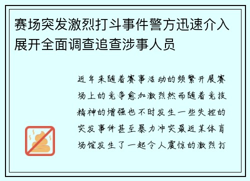 赛场突发激烈打斗事件警方迅速介入展开全面调查追查涉事人员 赛场突发激烈打斗事件警方迅速介入展开全面调查追查涉事人员