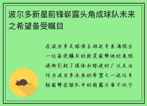 波尔多新星前锋崭露头角成球队未来之希望备受瞩目