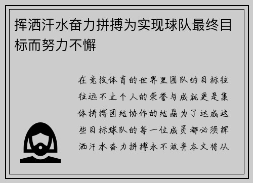 挥洒汗水奋力拼搏为实现球队最终目标而努力不懈