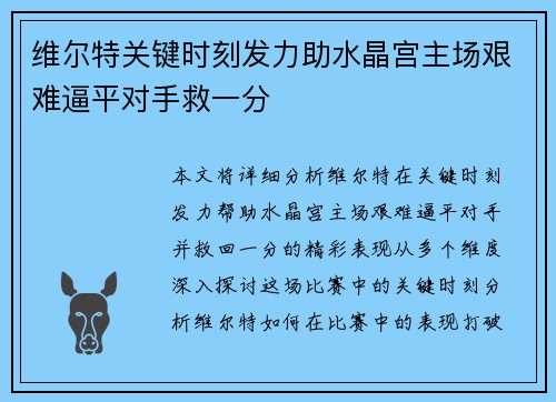 维尔特关键时刻发力助水晶宫主场艰难逼平对手救一分 维尔特关键时刻发力助水晶宫主场艰难逼平对手救一分